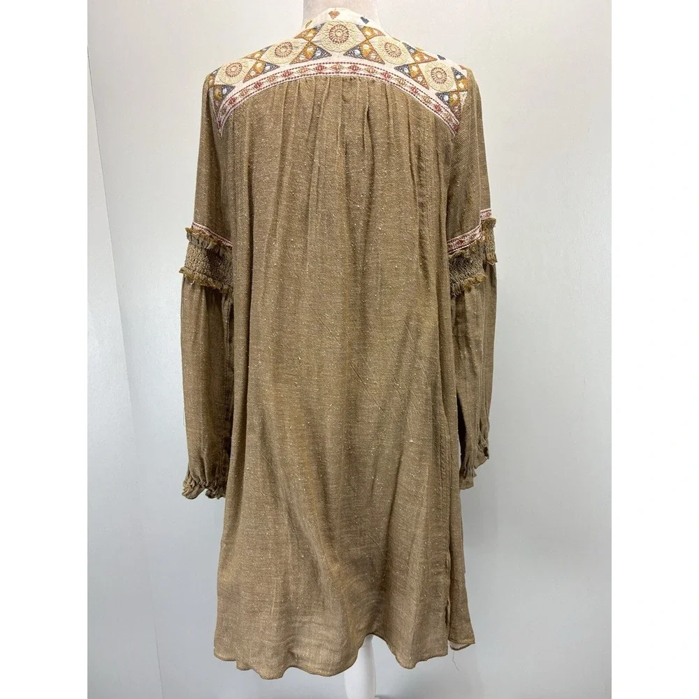 Free People Sahara San Shift Dress Sz Medium Boho Embroidered Long Sleeve Tan